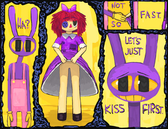 anthro clothed clothing dialogue doll duo ears_up exclamation_point eye_contact featureless_crotch female hair heart_eyes heart_symbol looking_at_another male minicomic mouthless null rag_doll_(toy) raised_clothing red_hair simple_background smile smiling_at_another surprised text yellow_background sipoocha glitch_productions the_amazing_digital_circus jax_(tadc) ragatha_(tadc) animate_inanimate humanoid lagomorph leporid living_doll living_toy mammal rabbit absurd_res hi_res