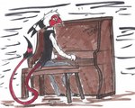 biped clothed clothing hair horn keyboard_instrument looking_away male mercenary musical_instrument musician piano playing_music simple_background sitting solo spikes topwear vest white_hair charbold helluva_boss fan_character demon humanoid imp