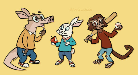anthro apple ball baseball_(ball) baseball_bat bat_(object) biped blue_eyes bottomwear brown_body brown_eyes brown_fur brown_hair claws clothing collared_shirt denim denim_bottomwear denim_clothing eating eating_apple eyewear female fingerless_gloves floating_eyebrows food footwear fruit fur gesture glasses gloves group hair hand_feet hand_gesture handwear holding_apple holding_food holding_fruit holding_object jeans long_sleeve_shirt looking_at_viewer male monkey_tail open_mouth pants plant pointing pointing_at_self puckered_lips red_clothing red_shirt red_topwear redesign scut_tail shirt shoes short_hair short_tail simple_background sneakers snout standing tail teal_clothing teal_shirt teal_topwear topwear torn_bottomwear torn_clothing torn_jeans torn_pants trio white_sclera yellow_background yellow_clothing yellow_shirt yellow_topwear young young_anthro young_female young_male artdexo2000 arthur_(series) arthur_read buster_baxter francine_frensky aardvark haplorhine lagomorph leporid mammal monkey primate rabbit 2024 absurd_res digital_drawing_(artwork) digital_media_(artwork) hi_res