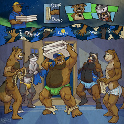 5_toes anthro balls_outline belly big_belly black_body black_fur black_nose box brown_body brown_fur bulge clothed clothing container delivery_(commerce) detailed_bulge feet food_delivery fur genital_outline group hairy male male/male muscular nipples overweight overweight_male penis_outline pizza_box pizza_delivery plantigrade tail toes torn_clothing underwear white_body white_fur k-9 barry_the_pizza_bear duncan_(k-9) badger bear canid canine canis domestic_dog mammal mustelid musteline otter raccoon_dog tanuki 1:1 2015 2017 comic hi_res