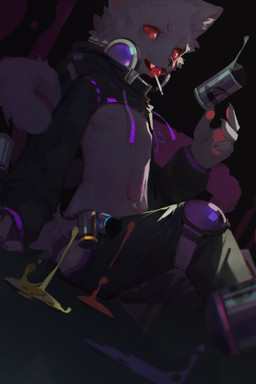 anthro black_bottomwear black_clothing black_pants black_topwear bottomwear candy cheek_tuft clothed clothing dessert electronics facial_tuft fangs food fur glistening glistening_eyes headphones headphones_around_neck lollipop looking_at_viewer male navel nipples open_mouth pants pawpads red_eyes red_pawpads simple_background sitting solo teeth topwear tuft unsigned white_body white_fur young carbonizedaki felid feline mammal hi_res