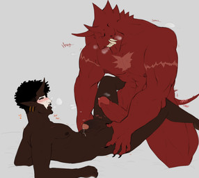 abs barazoku biceps blush blush_lines bodily_fluids breath chest_scar claws dominant duo eyes_closed genital_fluids genitals heart_symbol hearts_around_head larger_dom male male/male muscular muscular_arms muscular_humanoid muscular_male muscular_thighs panting pecs penis precum red_body rubbing scar size_difference tail teeth throbbing throbbing_penis unposturedfile demon humanoid mammal hi_res