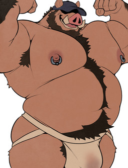 anthro areola armpit_hair beard belly belly_hair big_belly body_hair bulge chest_hair clothed clothing covered_eyes facial_hair flexing flexing_bicep flexing_both_biceps happy_trail hat headgear headwear jockstrap male musclegut muscular muscular_anthro muscular_male nipple_dip nipple_piercing nipple_ring nipples overweight overweight_anthro overweight_male piercing pube_peek pubes raised_arms ring_piercing solo topless underwear whitebeast20 grayson_houston mammal suid suine sus_(pig) wild_boar hi_res