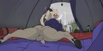 anthro backsack balls blush bottomless butt camping clothed clothing detailed_background femboy foreskin genitals looking_at_viewer looking_back lying male outside partially_clothed penis perineum raining solo tent securipun dewi_(securipun) bovid caprine mammal sheep 2:1 absurd_res hi_res