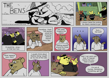 anthro beach belly blush bottomwear brown_body clothing dialogue duo exclamation_point eyewear group hat headgear headwear male male/male moobs nipples overweight overweight_male pants shirt sunglasses swimwear text topwear barnem domestic_cat felid feline felis mammal murid murine rat rodent 2026 comic english_text hi_res