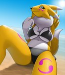 anthro beach big_breasts bikini black_sclera blue_sky breast_squish breasts clothed clothing female huge_breasts looking_aside outside seaside sitting sky smile solo squish swimwear two-piece_swimsuit creatiffy bandai_namco digimon canid digimon_(species) mammal renamon digital_media_(artwork) hi_res shaded