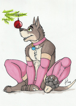 anthro armwear athletic athletic_anthro athletic_male brown_body brown_fur chest_tuft claws clothed clothing collar crossdressing fangs fur green_eyes grey_pawpads legwear male male_anthro open_mouth pawpads pink_armwear pink_clothing pink_collar pink_legwear sitting solo teeth tuft white_body white_claws white_fur hufnaar canid canine mammal hi_res