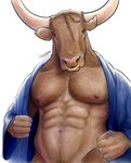 abs absurd_res anthro bovid bovine clothed clothing european_mythology facial_piercing fur greek_mythology hi_res male mammal minotaur muscular muscular_male mythology navel nipples nose_piercing nose_ring pecs piercing ring_piercing robe robe_only solo suggestive suggestive_pose svarta_nackros