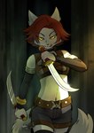 anthro assassin bottomwear clothing dagger dual_wielding female forest glowing glowing_eyes hair holding_object holding_weapon looking_at_viewer melee_weapon plant shorts solo tongue tongue_out tree weapon year yellow_eyes powree domestic_cat felid feline felis mammal 2022 hi_res signature