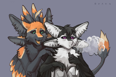3_fingers 4_ears anthro black_body black_feathers black_finger_claws black_fur black_sclera cheek_tuft chest_tuft claws comforting comforting_another countershading duo ear_tuft eyebrows facial_tuft fangs feather_hair feathered_wings feathers fingers fluffy_fur fur green_eyes grey_background grey_finger_claws hair hands_on_shoulders legs_together legs_up looking_at_another looking_away male male/male markings massage multi_ear nude open_mouth open_smile orange_body orange_fur orange_markings orange_tongue pawpads paws pseudo_hair purple_eyes sad shoulder_massage simple_background smile smoke smoke_from_mouth smoking tail teeth text tongue tuft vape white_body white_feathers white_fur winged_arms wings yellow_markings kotobulka fyr_(fenrir784) qamito avali avian bird 2025 colored digital_media_(artwork) hi_res russian_text shaded signature
