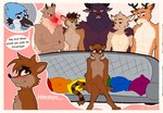 anthro antlers beak blue_body blush brown_body brown_fur fur group holidays horn male nude red_nose simple_background size_difference smaller_male tail text d_geazz cartoon_network christmas regular_show krampus mordecai_(regular_show) rigby_(regular_show) rudolph_the_red-nosed_reindeer avian bird bovid caprine caprine_demon deer demon goat_demon mammal new_world_deer procyonid raccoon reindeer english_text hi_res