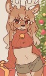 anthro antlers armwear bottomwear breasts brown_body brown_eyes brown_fur brown_hair christmas_tree clothed clothing cropped_sweater denim denim_bottomwear denim_clothing denim_shorts detached_sleeves female fur gift hair holidays horn kemono leaning_on_object looking_at_viewer midriff plant shorts shoulderless_sweater smile solo sweater topwear tree yagi_the_goat christmas deer mammal new_world_deer reindeer 2021