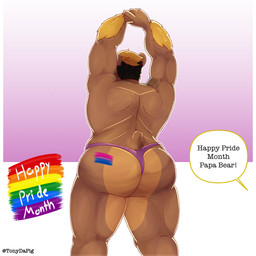 anthro belly body_hair brown_body brown_fur butt chest_hair clothing fur genitals hair lgbt_pride male male/male musclegut muscular muscular_male nipples nude overweight overweight_male simple_background solo tail text tonydapig extracurricular_activities lgbt_pride_month harold_grifter bear mammal digital_media_(artwork) hi_res