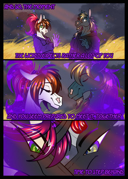 anthro dialogue duo equi equis_universe female horn kirinaes male smile text transformation sunny_way steven_saidon sunny_way_(character) equid equine horse ki'rinaes mammal comic english_text hi_res one_page_comic