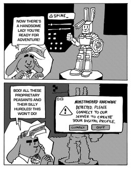 anthro character_creator chibi clothing dialogue ear_piercing floppy_ears gaming jacket male piercing playing_video_game solo speech_bubble text topwear billy_fore spire_(malyrn) lagomorph leporid mammal rabbit black_and_white comic english_text hi_res monochrome