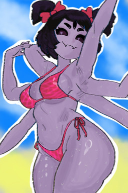 5_eyes 5_fingers 6_arms accessory armpit_fetish beach bikini black_hair bodily_fluids bow_ribbon breasts clothed clothed_female clothing eyelashes female fingers front_view hair hair_accessory hair_bow hair_ribbon heart_pupils heart_symbol mouth_closed multi_arm multi_eye multi_limb navel outside pigtails pose raised_arm red_bow ribbons sky smile solo sweat sweaty_armpit sweaty_arms swimwear thick_thighs three-quarter_view two-piece_swimsuit wet wet_body dumbwitchyy undertale undertale_(series) muffet arachnid arthropod spider 2025 2:3 digital_drawing_(artwork) digital_media_(artwork) pinup portrait three-quarter_portrait