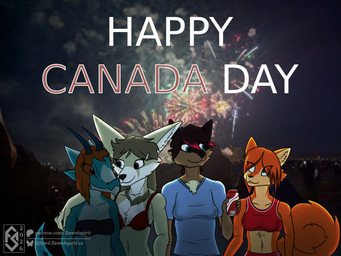 anthro arm_on_shoulder beverage beverage_can bikini bikini_top black_hair blue_clothing blue_eyes blue_horn breasts brown_body brown_fur brown_hair canada chest_tuft clothed clothing countershade_face countershade_torso countershading eye_contact female fireworks fluffy fluffy_tail fur group hair highlights_(coloring) holidays horn looking_at_another navel night orange_body orange_eyes orange_fur orange_hair outside photo_background purple_eyes red_bikini red_clothing red_swimwear shirt small_breasts smile soda spikes spikes_(anatomy) swimwear t-shirt tail tan_body tan_fur tank_top teal_body teal_scales text topwear tube_top tuft two-piece_swimsuit white_body white_fur flawedspirit canada_day mythology faridah_(flawedspirit) maddie_(flawedspirit) maya_(flawedspirit) selena_(flawedspirit) canid canine canis dragon eurasian_red_squirrel fennec_fox fox jackal mammal mythological_creature mythological_scalie rodent scalie sciurid tree_squirrel true_fox 2026 digital_drawing_(artwork) digital_media_(artwork) english_text hi_res mixed_media photography_(artwork) shaded nonbinary_(lore)