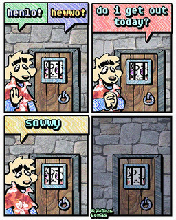 4_panel_comic aloha_shirt anthro cheek_spots clothing dialogue duo floppy_ears fur half-closed_eyes humor male narrowed_eyes pattern_clothing pattern_shirt pattern_topwear shirt smile speech_bubble teeth text tooth_gap topwear white_body white_fur yellow_body yellow_fur rawdawgcomics bingus_(rawdawgcomics) stahli_(rawdawgcomics) bird_dog canid canine canis domestic_dog golden_retriever hunting_dog lagomorph leporid mammal rabbit retriever english_text hi_res