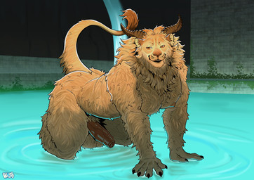 all_fours anthro balls balls_on_ground big_penis foreskin fungus genitals horn humanoid_genitalia humanoid_penis male male_anthro mane nude partially_submerged pecs penis smile solo tail tail_tuft tuft water bluesh delicious_in_dungeon winged_lion_(delicious_in_dungeon) elemental_creature felid fungi_fauna lion mammal monster pantherine walking_mushroom absurd_res hi_res