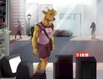 anthro bottomwear brown_eyes clothing fangs fur horn male shorts shoulder_bag sleeveless_shirt solo store street teeth window window_shopping yellow_body yellow_fur gigacutsa dj_strap cervine deer mammal muntjac hi_res