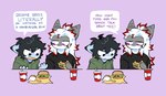 anthro black_hair burger clothed clothing dialogue duo fingers food hair male speech_bubble text white_hair sh-4rk mizu_(sh-4rk) shark_(sh-4rk) fish marine shark english_text hi_res