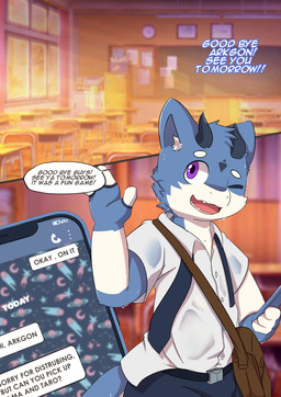 anthro cellphone classroom clothing dialogue electronics eyes_closed fur horn inside male open_mouth phone purple_eyes school smartphone solo text young young_anthro young_male cubboard mythology arkgon domestic_cat dragon felid feline felis furred_dragon furred_scalie hybrid mammal mythological_creature mythological_scalie scalie 2022 absurd_res comic english_text hi_res