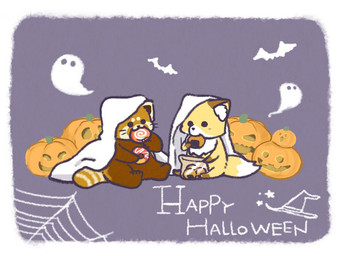 ambiguous_gender bedding biped blanket chibi cookie dessert doughnut duo eating feral food fruit holidays pastry plant pumpkin sitting shi_nominmin halloween ailurid canid canine fox ghost mammal red_fox red_panda spirit true_fox 2019 4:3