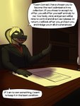3:4 anthro beard clothed clothing cobra comic contract desk dialogue english_text facial_hair formal_wear fully_clothed furniture fuze hi_res loose_feather male percival_(texnatsu) quill reptile scalie sitting snake solo table texnatsu text