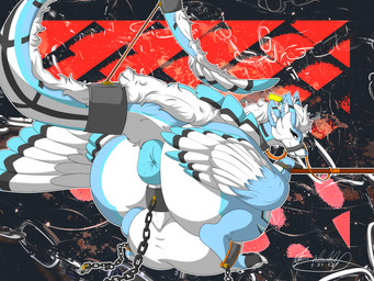 accessory animal_genitalia anus balls bdsm big_balls big_butt blue_anus bondage bound butt chain chained cock_ring curvy_figure feathered_wings feathers feral fur genitals horn huge_balls huge_thighs hyper hyper_balls hyper_genitalia jewelry looking_at_viewer looking_back male muzzle_(object) muzzled penis penis_accessory penis_jewelry presenting presenting_anus presenting_balls presenting_hindquarters puffy_anus raised_tail smile solo stripes tail thick_thighs wings franklyfurry mythology teck dragon furred_dragon furred_scalie mythological_creature mythological_scalie scalie 4:3 hi_res