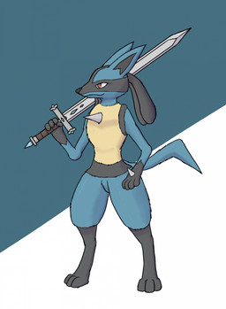 ambiguous_gender anthro black_body black_fur black_inner_ear blue_background blue_body blue_fur chest_spike featureless_crotch fur gloves_(marking) hand_spike holding_melee_weapon holding_object holding_sword holding_weapon markings melee_weapon narrowed_eyes pose red_eyes simple_background smile solo spikes spikes_(anatomy) standing sword tail tan_body tan_fur weapon white_background harker_(artist) nintendo pokemon generation_4_pokemon lucario pokemon_(species) hi_res