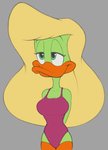 anthro blonde_hair clothing female green_body green_eyes hair half-closed_eyes hand_behind_back leotard narrowed_eyes simple_background smile solo standing billboi tiny_toon_adventures warner_brothers plucky's_dream_girl anatid anseriform avian bird duck