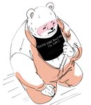 anthro belly blush clothed clothing eyes_closed humanoid_hands male overweight overweight_male shirt simple_background solo text text_on_clothing text_on_shirt text_on_topwear topwear nekokat42 one_piece bepo_(one_piece) bear mammal minkmen_(one_piece) polar_bear ursine 2023 hi_res