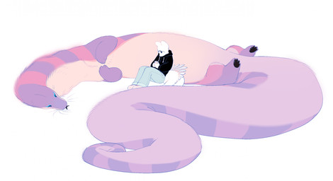 1_eye ambiguous_anthro ambiguous_gender anthro bottomwear clothing denim denim_bottomwear denim_clothing denim_shorts duo electronics featureless_crotch fur hoodie long_body long_neck long_tail lying on_back pawpads paws phone prehensile_tail relaxing semi-anthro shorts simple_background sitting size_difference tail thick_tail topwear white_background white_body entitycore entity_(entitycore) nalu_(entitycore) furred_scalie furred_snake lizard reptile scalie snake hi_res male_(lore) nonbinary_(lore)