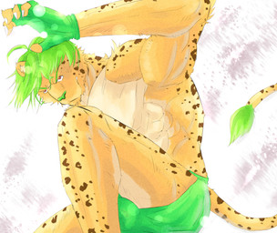 abs anthro biceps big_muscles bottomwear brown_body brown_fur bulge claws clothed clothing fur gloves green_hair green_nose hair handwear male muscular muscular_anthro muscular_male pecs red_eyes shorts simple_background solo spots swimwear tan_body tan_fur topless white_body white_fur bigrodwolf cheetah felid feline mammal 2014 character_request