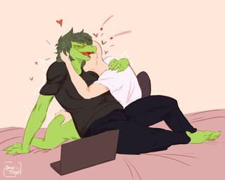 5_fingers anthro bald bedding big_breasts biped black_bottomwear black_clothing black_pants black_shirt black_topwear blanket blush bottomwear breasts canon_couple clothed clothed_anthro clothed_female clothed_human clothed_male clothing computer duo electronics exclamation_point eyes_closed feet female fingers green_body green_hair green_scales hair hand_on_back hand_on_face hand_on_tail happy heart_symbol hug human_on_anthro humanoid_feet humanoid_hands interspecies kissing_neck laptop leaning leaning_backward male male/female medium_hair neck_kiss non-mammal_breasts open_mouth open_smile pants plantigrade romantic romantic_couple scales shirt sitting smile tail text thick_thighs toes topwear white_clothing white_shirt white_topwear taiarts cavemanon_studios i_wani_hug_that_gator inco_(iwhtg) olivia_halford baryonyx dinosaur human mammal prehistoric_species reptile scalie spinosaurid theropod 5:4 artist_name hi_res