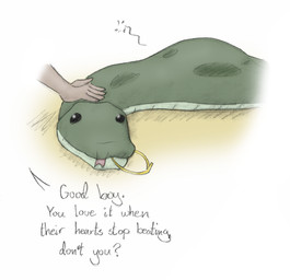 ambiguous_feral ambiguous_gender death dialogue duo fatal_vore female female_prey feral fully_inside headgear headpat mostly_offscreen_character petting serpentine simple_background text tongue tongue_out vore meowmere reptile scalie snake english_text hi_res