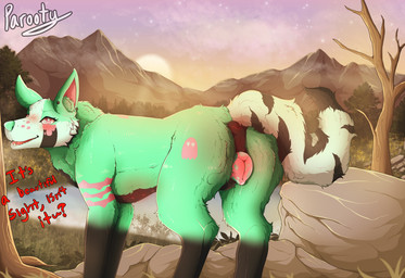 anatomically_correct anatomically_correct_anus anatomically_correct_genitalia anatomically_correct_vulva animal_genitalia animal_vulva anus blush blush_lines bodily_fluids breath butt canine_genitalia canine_vulva cloud dialogue ear_piercing eyebrows eyelashes female feral fluffy fluffy_butt fluffy_tail forest genital_fluids genitals lake light light_beam looking_back mountain multi_nipple neck_tuft nipples outside piercing plant plump_labia presenting presenting_anus presenting_hindquarters presenting_vulva raised_tail rear_view rock sky smile solo star starry_sky sun sunbeam sunlight sunset tail tail_anus talking_to_viewer tree tuft vaginal_fluid_string vaginal_fluids vulva parooty canid canine mammal 2023 absurd_res hi_res