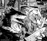 4_eyes anthro duo fangs fluffy gaping_mouth kemono knife male multi_eye open_mouth relaxing scar smile store teeth text tongue mick39 kono_(rave_the_husky) ren_akuna domestic_cat felid feline felis mammal sergal talyxian_stalker english_text