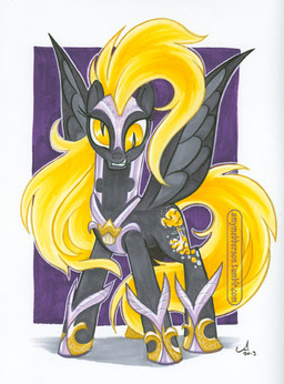 armor black_body black_fur black_wings blonde_hair blonde_mane corruption cutie_mark feathered_wings feathers female feral fur hair horn mane solo tail text wings yellow_eyes yellow_tail amy_mebberson friendship_is_magic hasbro my_little_pony mythology derpy_hooves_(mlp) equid equine mammal mythological_creature mythological_equine winged_unicorn 2013 english_text
