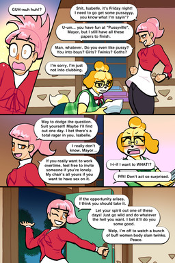 anthro blush blush_stickers dialogue duo eyelashes eyewear female glasses grin hair long_eyelashes one_eye_closed ponytail smile speech_bubble text wink lovetopullmicke animal_crossing nintendo isabelle_(animal_crossing) villager_(animal_crossing) canid canine canis domestic_dog human mammal 2:3 absurd_res comic english_text hi_res