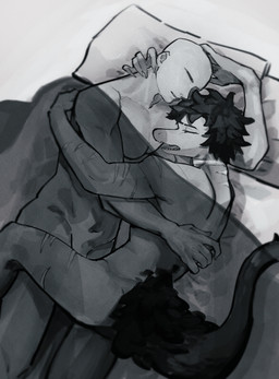 anthro bald butt cuddling duo feathered_tail feathers fingers hair hug human_on_anthro humanoid_hands interspecies leg_over_thigh lying male male/male markings navel neck_markings nude_anthro nude_human nude_male on_side open_mouth pillow short_hair striped_markings stripes tail translucent translucent_blanket under_covers dustinn_draws cavemanon_studios goodbye_volcano_high ko_op_(game_developer) snoot_game anon_(snoot_game) reed_(gvh) dinosaur dromaeosaurid human mammal prehistoric_species reptile saurischian scalie theropod velociraptor absurd_res greyscale hi_res monochrome