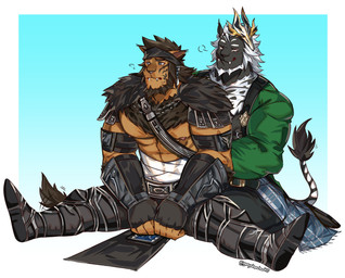 anthro beard biped clothed clothed_anthro clothed_male clothing duo facial_hair fingerless_gloves gloves handwear humanoid_hands male muscular muscular_anthro muscular_male nipples text graysheartart final_fantasy final_fantasy_xiv square_enix felid hrothgar mammal 2022 absurd_res artist_name hi_res signature