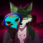 1980s_theme blood bodily_fluids creepy_smile fur gold_(metal) gold_jewelry green_body green_fur hair jewelry male maniac mask ponytail serial_killer smile solo suit_jacket synthwave fenriet kudo_redfox_(character) canid canine canis fox hybrid mammal wolf 1:1 hi_res