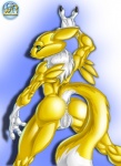 anthro athletic biceps black_sclera bodily_fluids countershading female fur genital_fluids genitals looking_at_viewer muscular muscular_anthro muscular_female pussy raised_tail solo tail vaginal_fluids wet white_body white_fur yellow_body yellow_fur jeremy_mullins bandai_namco digimon canid canine digimon_(species) mammal renamon