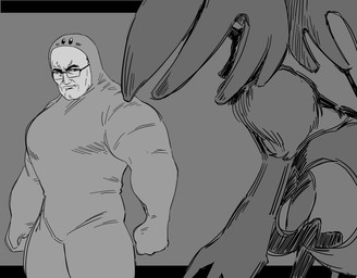 ambiguous_gender anthro antlers biped bodysuit chest_tuft clothing digitigrade duo eye_contact eyewear fist fluffy fluffy_tail glasses grey_background head_wings horn huge_wings looking_at_another male male_human mouthless muscular muscular_human muscular_male neck_tuft simple_background skinsuit tail three-quarter_view tight_clothing tuft unusual_wing_placement wearing_glasses wings bamman kirby_(series) kirby_and_the_forgotten_land konami metal_gear metal_gear_rising:_revengeance nintendo platinumgames fecto_elfilis kirby steven_armstrong_(mgr) alien chinchilla chinchillid human mammal rodent starling_(kirby) 2022 crossover greyscale hi_res letterbox monochrome sketch