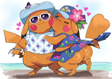 :3 aloha_shirt baseball_cap big_butt blue_eyes blush bodily_fluids bottomless bottomless_male butt butt_grab canon_couple clothed clothing digitigrade duo eyebrows eyewear featureless_crotch female floating_heart flower_accessory hand_on_butt hat headgear headwear heart_symbol hug intraspecies kiss_mark kissing looking_at_viewer male male/female no_underwear one_eye_closed pattern_clothing pattern_shirt pattern_topwear raised_inner_eyebrows romantic romantic_couple sexual_dimorphism shirt sun_hat sunglasses sweat sweaty_butt tail thick_thighs topwear wide_hips wink lightsource nintendo pokemon pokemon_winds_and_waves mr._windychu ms._wavychu generation_1_pokemon pikachu pokemon_(species) 2026 digital_media_(artwork) hi_res