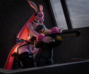 anthro belly_tattoo big_breasts breasts bulge duo female gun gynomorph gynomorph/female handgun huge_breasts intersex intersex/female ranged_weapon revolver shotgun smile tattoo weapon haolde mayosplash_(modeler) palworld pocketpair haolde_(character) canid canine canis lovander mammal pal_(species) wolf 3d_(artwork) digital_media_(artwork) hi_res