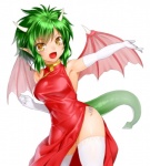 armwear asian_clothing chinese_clothing chinese_dress clothing dragon_tail dress east_asian_clothing elbow_gloves fangs female gloves green_hair hair handwear horn humanoid_pointy_ears legwear looking_at_viewer membrane_(anatomy) membranous_wings monster_girl_(genre) open_mouth panties pointy_ears short_hair side-tie_panties side_slit side_slit_clothing side_slit_dress simple_background solo tail teeth thigh_highs underwear white_background white_clothing white_gloves white_handwear white_legwear wings yellow_eyes onsoku_maru madou_monogatari mythology puyo_puyo sega draco_centauros animal_humanoid dragon dragon_humanoid horned_humanoid humanoid mythological_creature mythological_scalie scalie tailed_humanoid hi_res