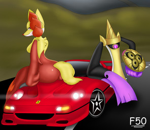 ambiguous_gender anthro big_butt breasts butt car duo featureless_breasts female floating fur holding_object holding_shield inner_ear_fluff looking_back medium_breasts melee_weapon narrowed_eyes red_body red_car red_eyes red_fur red_inner_ear_fluff road shield sitting sitting_on_car smile sword tail text tuft vehicle weapon white_body white_fur yellow_body yellow_fur f50_(artist) ferrari ferrari_f50 nintendo pokemon aegislash animate_inanimate delphox generation_6_pokemon living_melee_weapon living_sword living_weapon pokemon_(species) artist_name hi_res