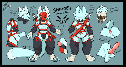 animal_genitalia animal_penis anthro anus backsack balls bdsm blue_body blue_fur bondage bottomwear bound butt canine_genitalia canine_penis clothed clothing erection feet foot_wraps fox_tail fur genitals hand_wraps jockstrap katana knot knotted_penis male mask melee_weapon ninja ninja_outfit ninja_suit penis restraints rope rope_bondage scabbard simple_background solo standing straps sword tail text underwear warrior weapon wearing_mask wraps kingkapro shinobi_(kingkapro) canid canine fox mammal digital_media_(artwork) english_text hi_res model_sheet multiple_images